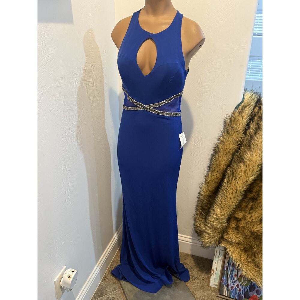 Women’s Royal Blue B. Darlin Prom Dress Long Halter Semi Sheer Small 5